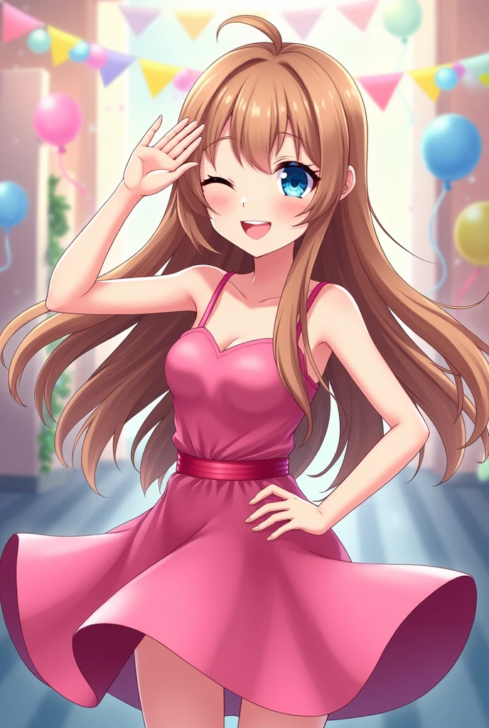 Idol Party game, smile,light brown hair,blue eyes,universary, one girl,pink dress, salute hand,long hair,blink right eye