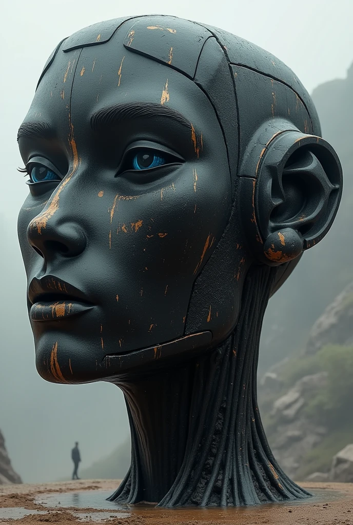 make a black square robot head sculpture, with a single eye in half white color, futurist , in the style of the Olmec Head, Colossal, HD, great detail, head on