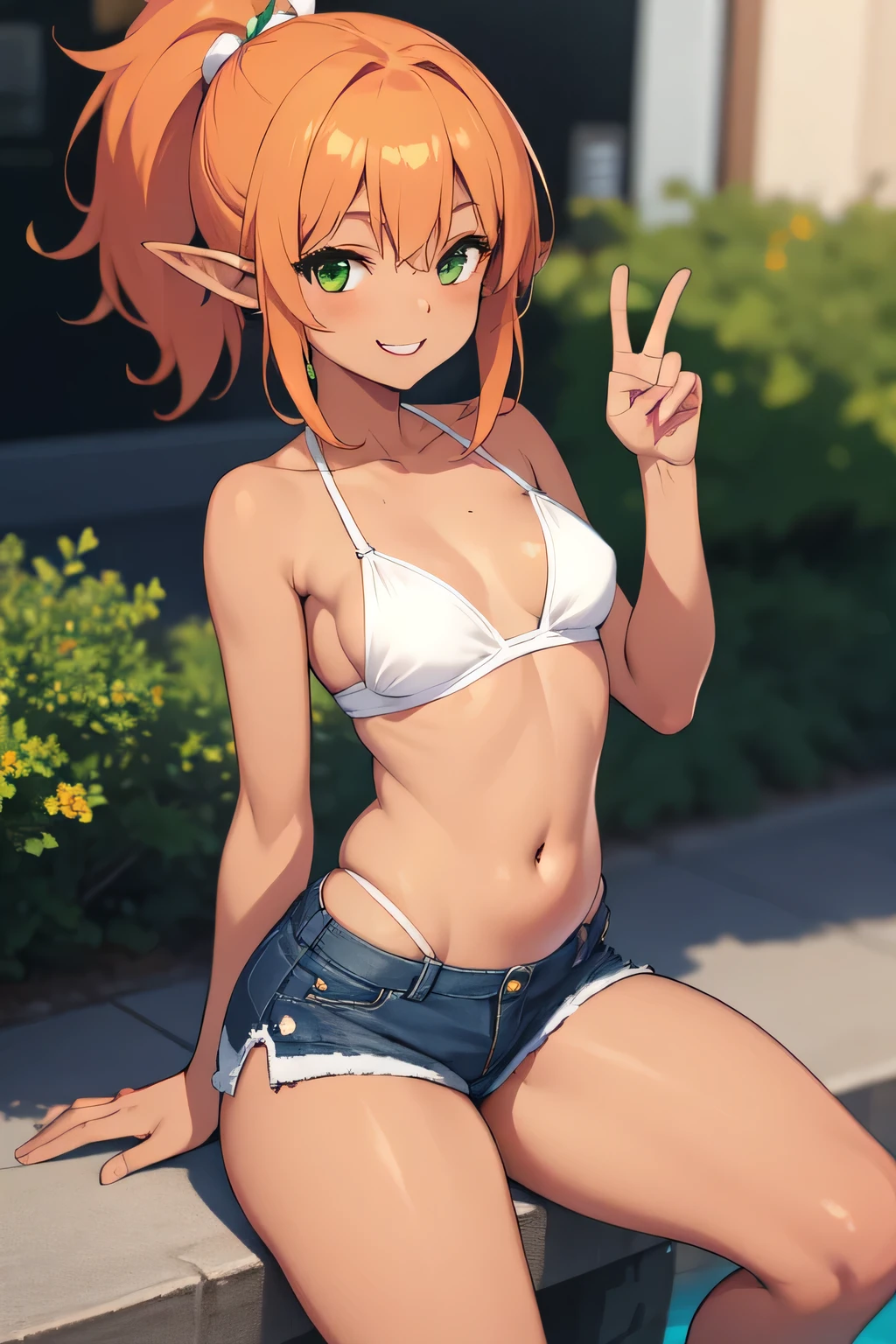 (High definition) (masterpiece), (tanned skin), Young elf girl, wide hips, small breasts, slender body, big thighs, beautiful legs, medium orange hair, green eyes, wearing white bikini top, black jeans shorts, with ponytail, relaxed pose, smiling
