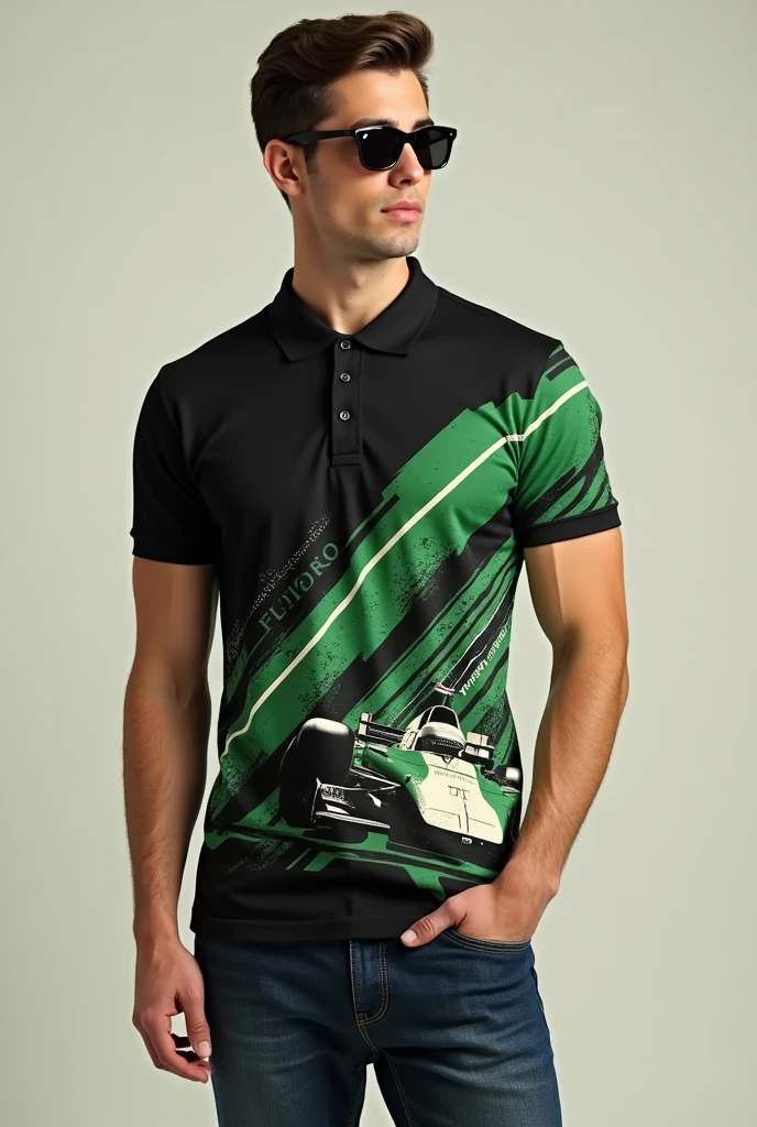 Baju kolar retro, main colour black, corak hijau dan putih, t shirt, design racer