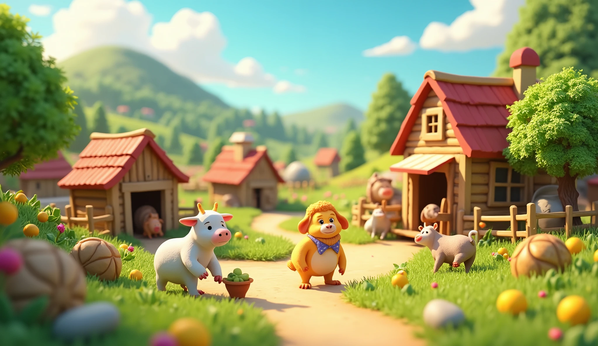 a beautiful farm, cartoon, 3d