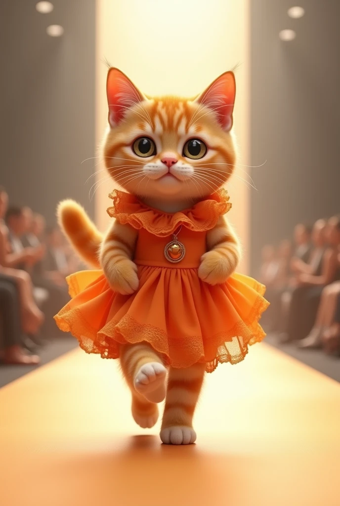 (photorealism:1.2), cute ginger cat, wear orange dress, walking on runway