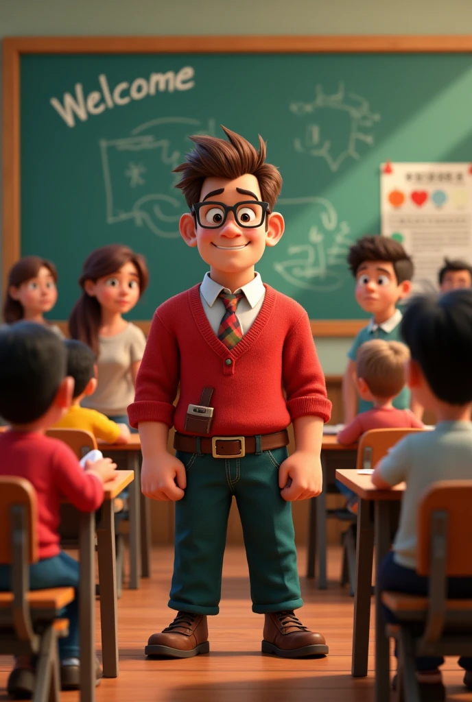 Create a Wreck-It Ralph movie cover as a teacher with glasses with his students behind him in a classroom. At the top it should say WELCOME and at the bottom it should be the text Profe Diego in Spanish