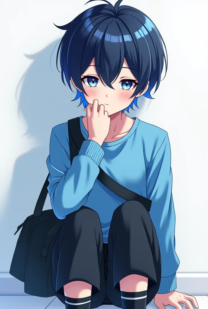 Create a boy with mixed blue and black hair,Blue Cold Blouse,black pants and anime style socks