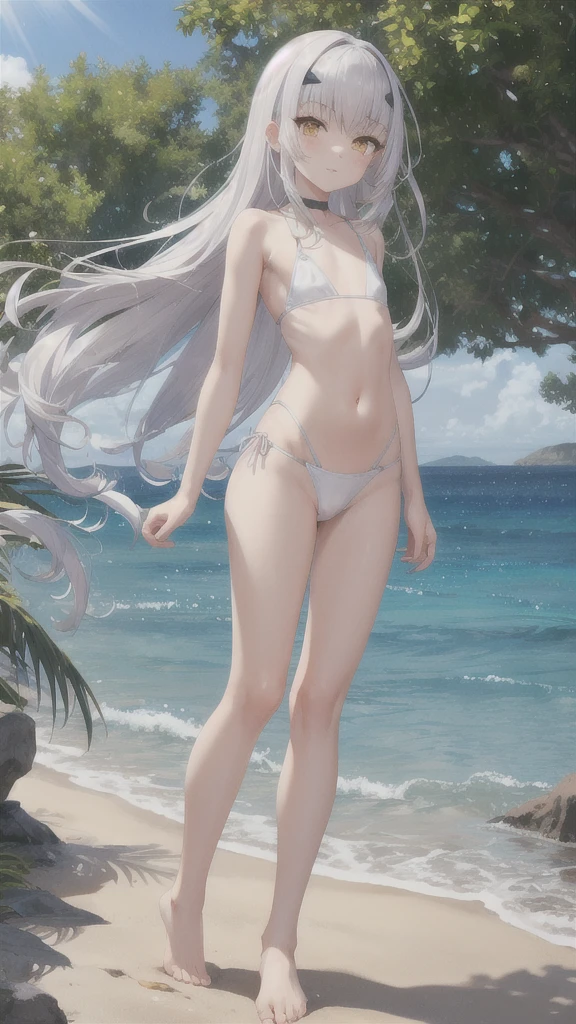 Silver hair, golden eyes, flat chest，slim figure，White swimsuit，Bare waist，Bare Legs，barefoot，Standing，Sunlight，Sea