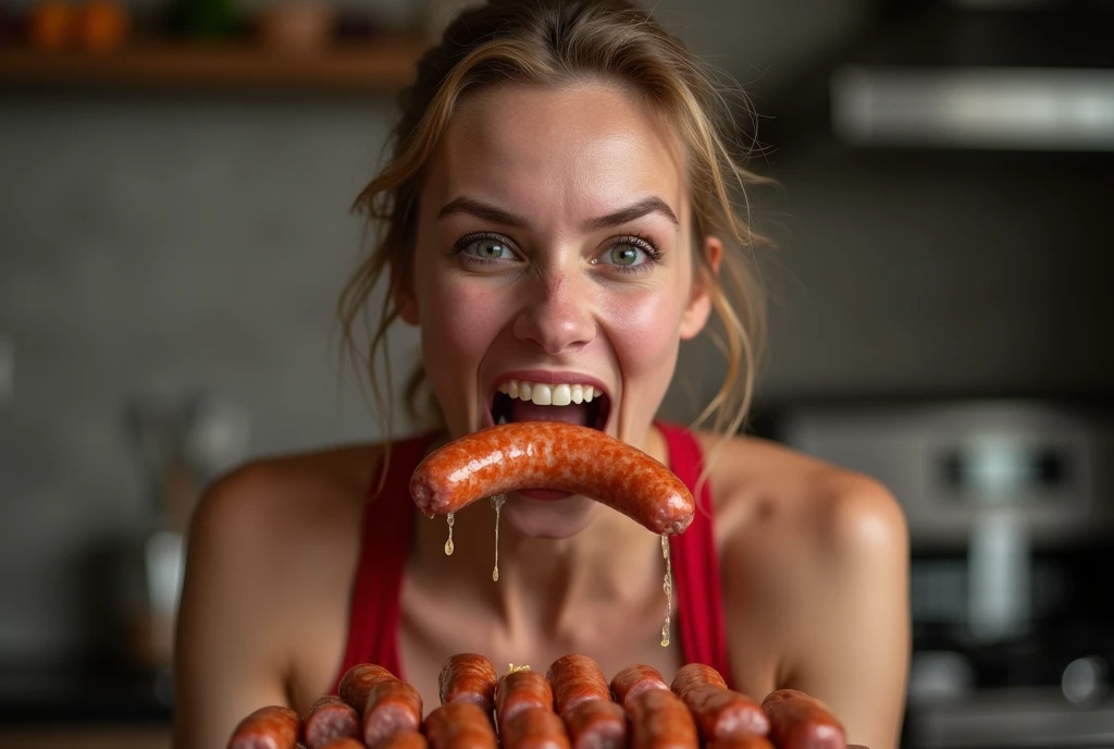 put sausage in mouth,orgasm expression,Heaps of sausages in both hands,muscular woman Eating penis shaped sausage battle contest,in kitchen stadium,