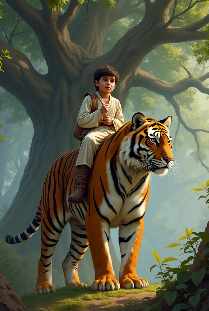 একটি মুসলিম বালক বাঘের পিঠে বসে আছে ব্যাকগ্রাউন্ডে বড় একটি বটগাছ এমন পিক তৈরি করে দাও