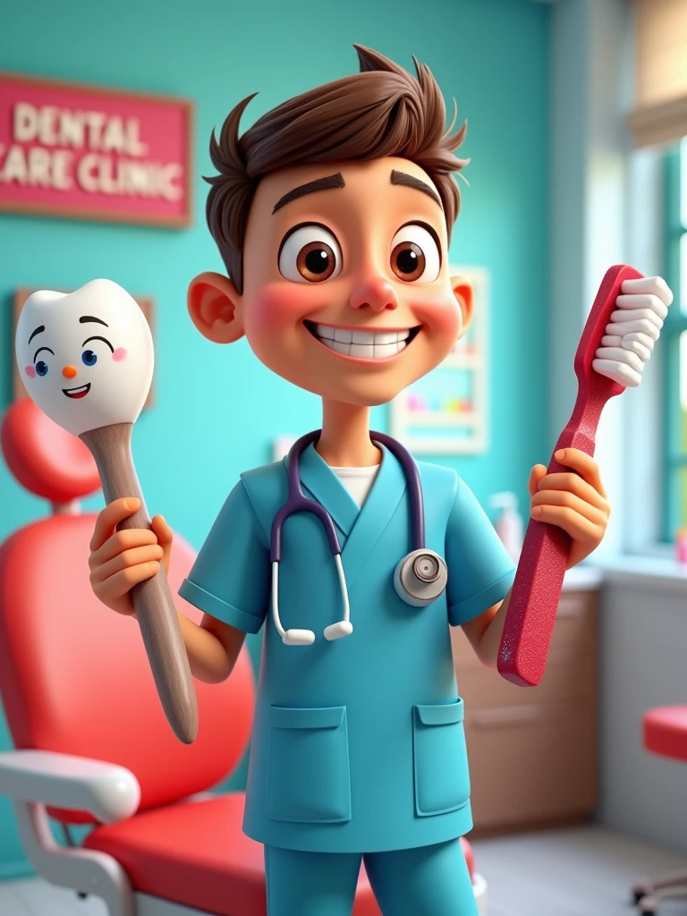 Create for the 3D Avatar Pixar Disney character from a friendly dentist for children's and adult videos called 'Dental Care Clinic'. The dentist must have a cheerful expression, large eyes and no round glasses and a warm smile. Your hair should be short and well. He uses bright blue exfoliations with a stethoscope around his neck and is portrayed with fun exaggeration, including large sparkles in a vibrant red color. The background presents a fun and inviting dental office, complete with a colorful dentist chair, bright healthy tooth posters on the walls and a small shelf full of toys with dental themes. The 'Dental Care Clinic' plate is featured with prominence. The dentist is holding a giant toothbrush in one hand and the other hand holding toothpaste
