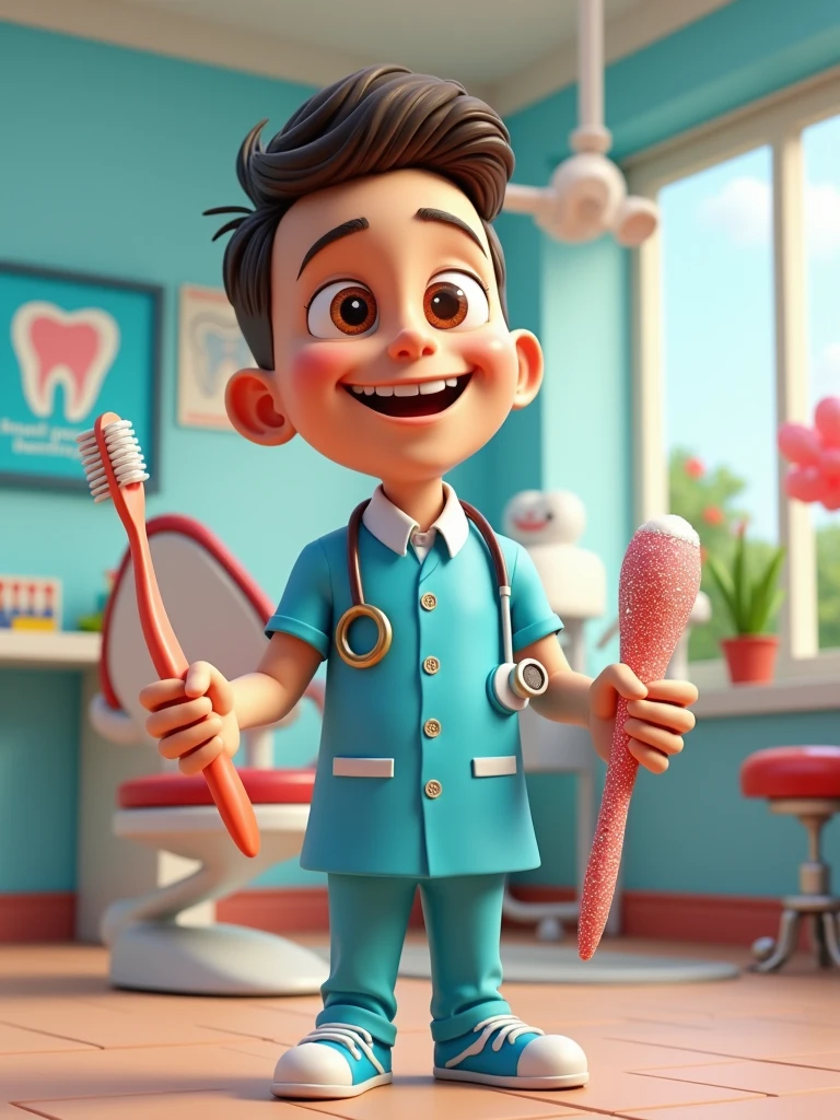 Create for the 3D Avatar Pixar Disney character from a friendly dentist for children's and adult videos called 'Dental Care Clinic'. The dentist must have a cheerful expression, large eyes and no round glasses and a warm smile. Your hair should be short and well. He uses bright blue exfoliations with a stethoscope around his neck and is portrayed with fun exaggeration, including large sparkles in a vibrant red color. The background presents a fun and inviting dental office, complete with a colorful dentist chair, bright healthy tooth posters on the walls and a small shelf full of toys with dental themes. The 'Dental Care Clinic' plate is featured with prominence. The dentist is holding a giant toothbrush in one hand and the other hand holding toothpaste