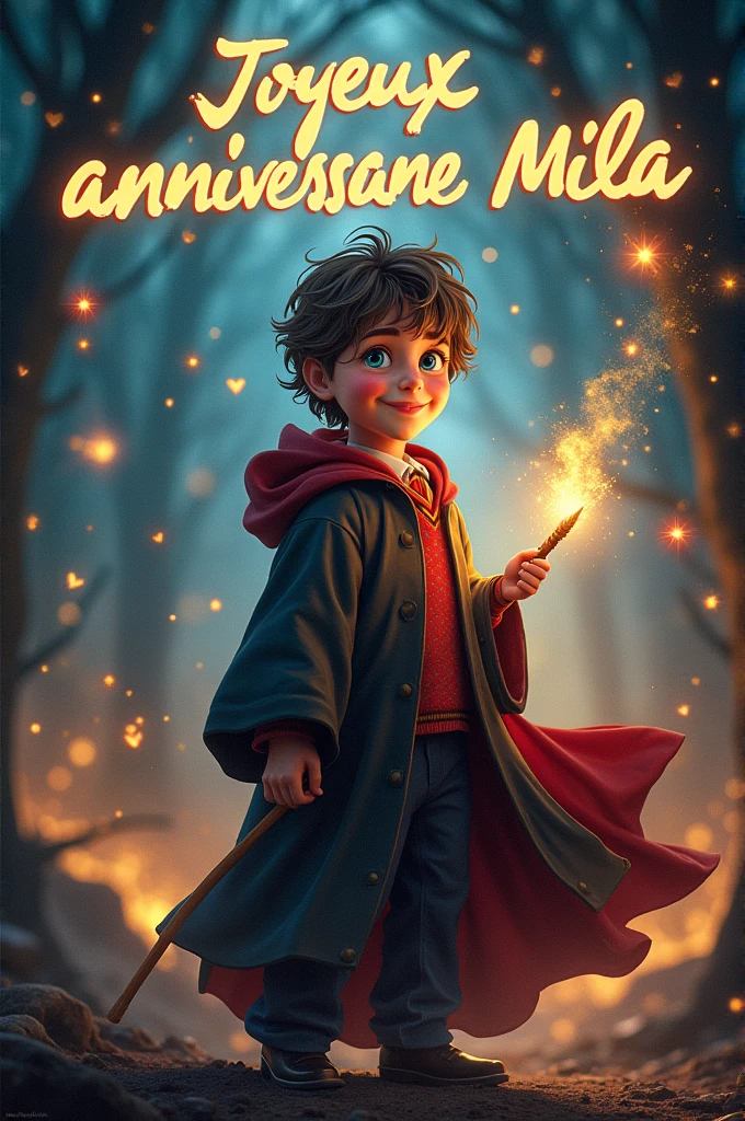 Crer une affiche d'anniversaire de Harry potter qui fête l'anniversaire de Mila. il est écrit : "Joyeux anniversaire Mila"