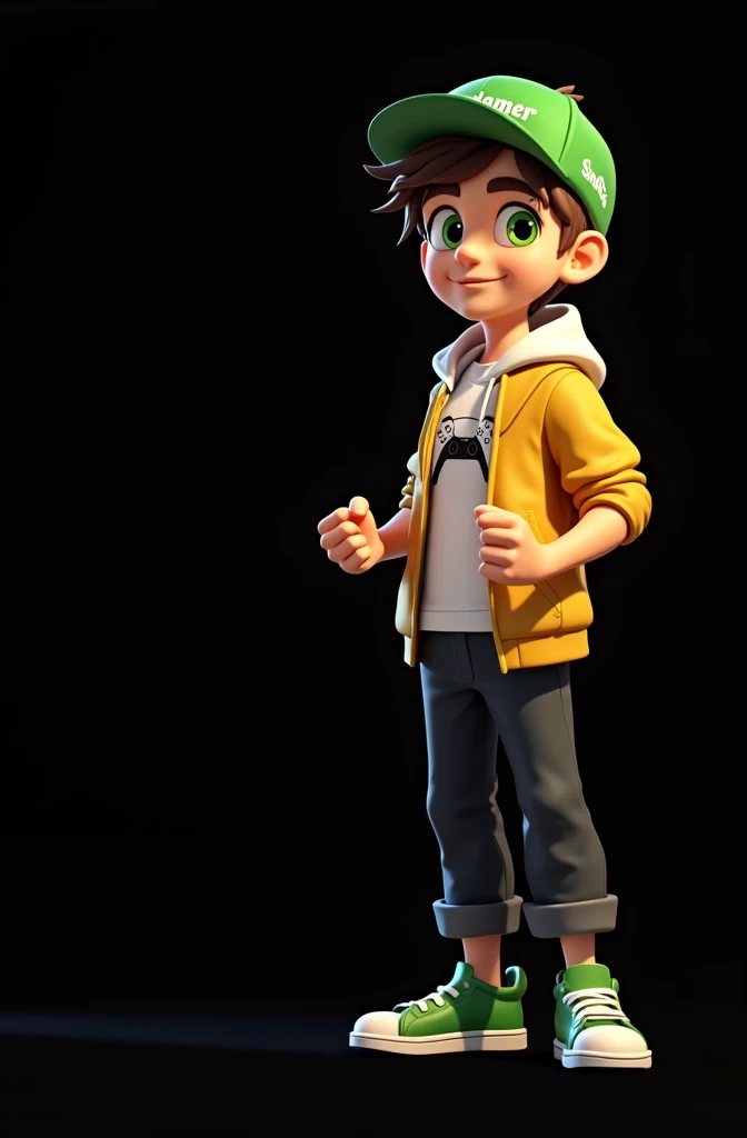 Create a 3D male influencer character of approximately youthful age and appearance . He is tall. His facial expression is friendly and smiling., with big green eyes that convey a sense of curiosity and joy. your hair is short, brown in color and slightly disheveled, visible under the CAP. His cap is green and has the word "Soulgamer" printed on the front. He wears a white T-shirt with a PS5 controller image printed on it.. He wears a hooded jacket over a white t-shirt and matching cap.. He wears loose black pants that fit comfortably over green sneakers that match his jacket and cap., with white shoelaces tied tightly. He is standing with the fist of one of his hands clenched while the fist of his other hand is raised as if in celebration.. Behind the character you can see a portal where it is written "Soul Gamer"