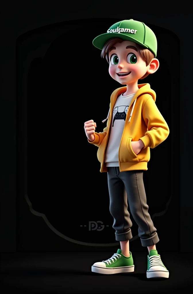 Create a 3D male influencer character of approximately youthful age and appearance . He is tall. His facial expression is friendly and smiling., with big green eyes that convey a sense of curiosity and joy. your hair is short, brown in color and slightly disheveled, visible under the CAP. His cap is green and has the word "Soulgamer" printed on the front. He wears a white T-shirt with a PS5 controller image printed on it.. He wears a hooded jacket over a white t-shirt and matching cap.. He wears loose black pants that fit comfortably over green sneakers that match his jacket and cap., with white shoelaces tied tightly. He is standing with the fist of one of his hands clenched while the fist of his other hand is raised as if in celebration.. Behind the character you can see a portal where it is written "Soul Gamer"