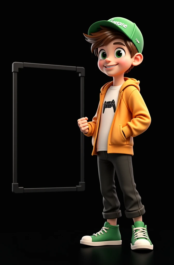 Create a 3D male influencer character of approximately youthful age and appearance . He is tall. His facial expression is friendly and smiling., with big green eyes that convey a sense of curiosity and joy. your hair is short, brown in color and slightly disheveled, visible under the CAP. His cap is green and has the word "Soulgamer" printed on the front. He wears a white T-shirt with a PS5 controller image printed on it.. He wears a hooded jacket over a white t-shirt and matching cap.. He wears loose black pants that fit comfortably over green sneakers that match his jacket and cap., with white shoelaces tied tightly. He is standing with the fist of one of his hands clenched while the fist of his other hand is raised as if in celebration.. Behind the character you can see a portal where it is written "Soul Gamer"
