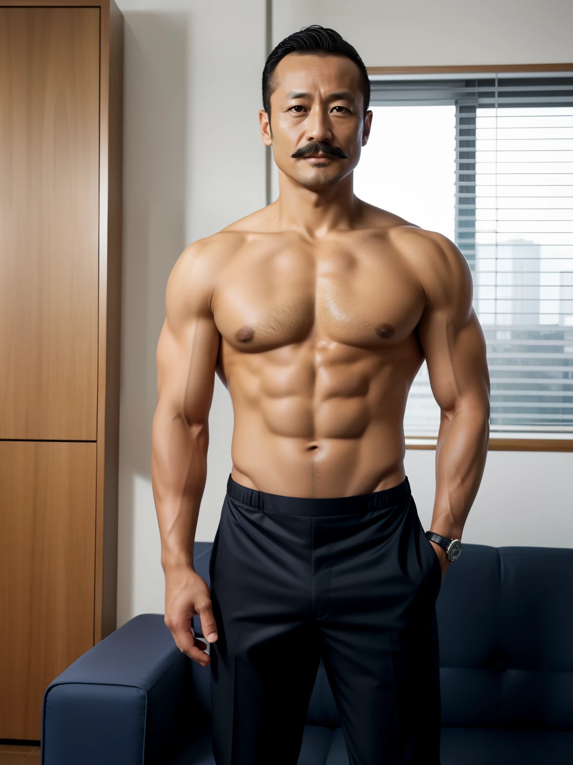 40 years old,Hidetoshi Nakata,(Kogoro Mori 1.3),whole body,Lean,muscle,office,black,foot,Suit,transparent袜子,foot抬起,sofa,Baldhead ,transparent,Thick body hair,underwear,Topless,Densely hairy,Fortitude,HD,With a mustache