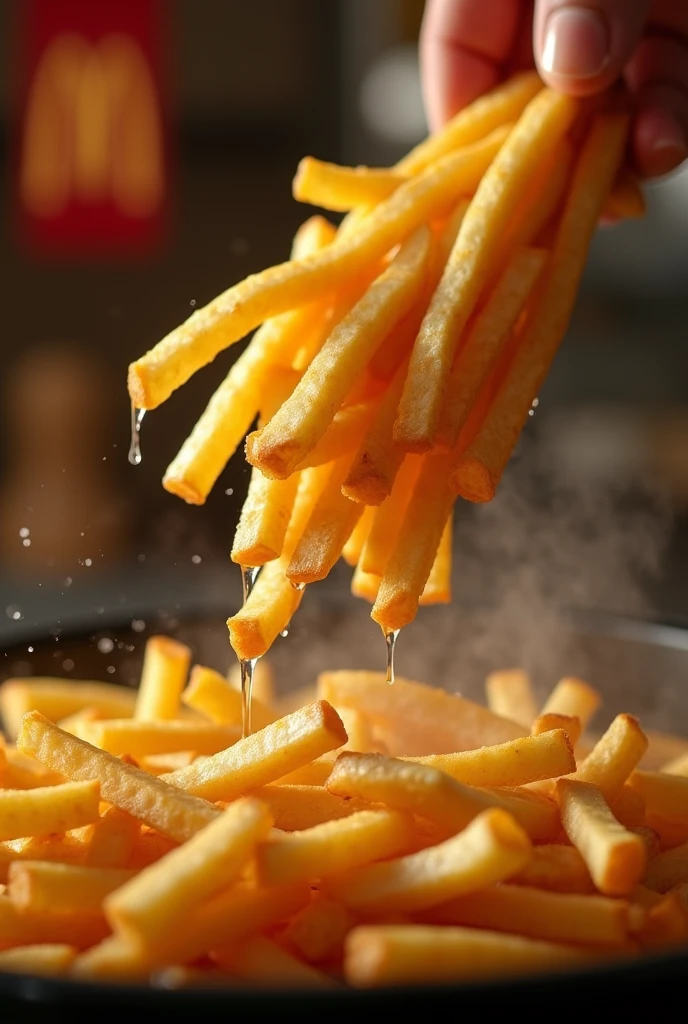 A hyper-realistic, high-contrast, 8K HD, ultra-detailed close-up shot of golden, crispy fries being lifted from hot oil in slow motion. The fries are perfectly cooked, with a golden-brown color, capturing the exact moment when they rise from the bubbling oil, dripping with deliciousness. The scene is accompanied by the crunch of the fries, with a subtle steam rising, emphasizing their freshly cooked nature. The background is blurred to keep the focus entirely on the fries, with the iconic 'W' logo subtly visible in the corner, reminiscent of the famous fast-food chain. The lighting is warm and inviting, enhancing the rich color of the fries, making them look irresistibly tasty.