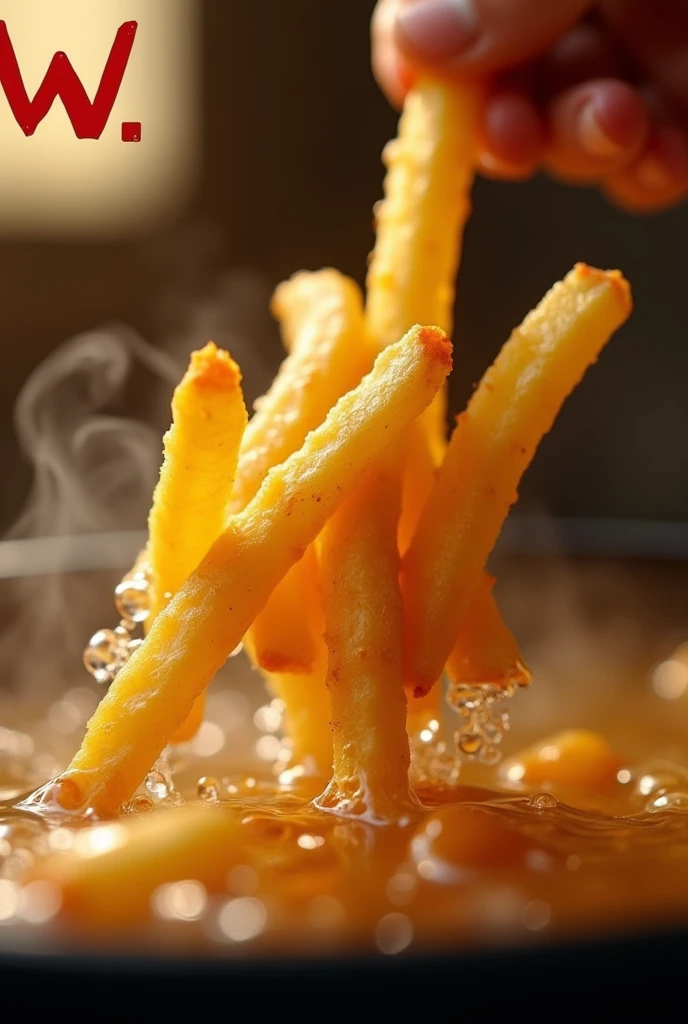 A hyper-realistic, high-contrast, 8K HD, ultra-detailed close-up shot of golden, crispy fries being lifted from hot oil in slow motion. The fries are perfectly cooked, with a golden-brown color, capturing the exact moment when they rise from the bubbling oil, dripping with deliciousness. The scene is accompanied by the crunch of the fries, with a subtle steam rising, emphasizing their freshly cooked nature. The background is blurred to keep the focus entirely on the fries, with the iconic 'W' logo subtly visible in the corner, reminiscent of the famous fast-food chain. The lighting is warm and inviting, enhancing the rich color of the fries, making them look irresistibly tasty.