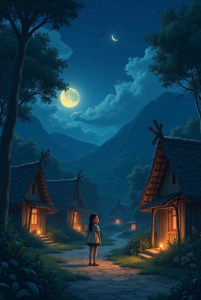  Create a picture First Night Picture: Night scene with huts  at girl 
