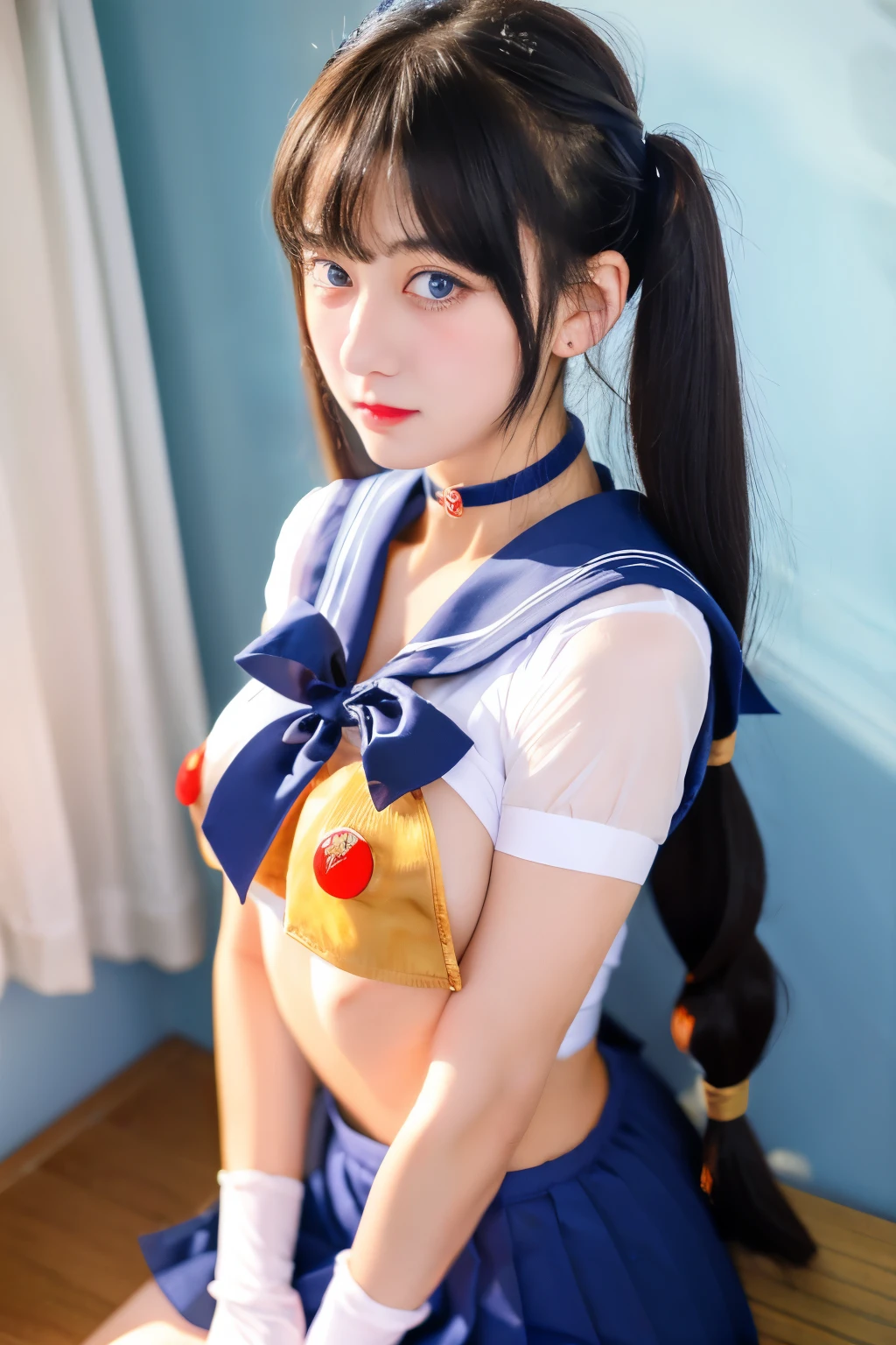 masterpiece, Highest quality, Sailor Moon,One girl, Long Hair,jewelry, Sailor Warrior Uniform, Blue sailor collar,Blonde, Red choker,White gloves, Twin tails, Red Bow, Blue Skirt, blue eyes, Hair Bun,，show nipples, show vagina, squirt vagina, wet body.
