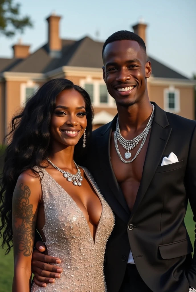 Youthful light skin black woman with tattoos long black hair wearing a sparkly gown weaing a diamond chain that says Tinky standing beside a brown skin black man with low fade haircut wearing a suit and wearing a diamond chain that says Donny in front of a big house both smiling