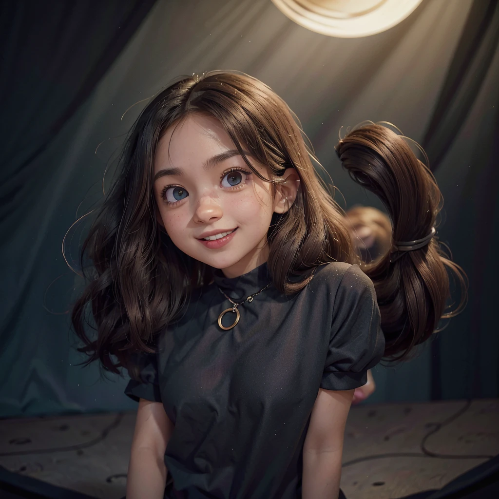 2D character, a age girl wearing a black blouse, rica, golden necklace, long wavy light brown hair, dark shaped eyes, large circular reflective eyes, white combat boots, holding a microphone, with a smile and shiny lipstick (film composition), (Pixar-style:1.2), (CGI animation: 1.2), (Disney: 1.2), (animated cartoon: 0.2), (best qualityer, work of art, 4K, ultra detaild, sharp focus, 8k, High definition:1.2), (cf. Danny Mac 3D, por Follygon), (work of art: 1.2), absurderes