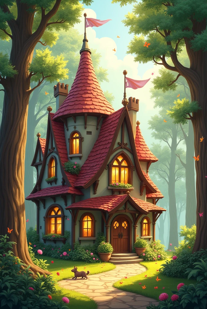 Create an image of a house that resembles a mini castle, with an architecture reminiscent of a charming tavern. The house should be surrounded by tall, green pine trees illuminated by the sun, with bright colors and a vibrant atmosphere. Add some animals, like colorful butterflies and small animals around, to create a lively and cheerful atmosphere.