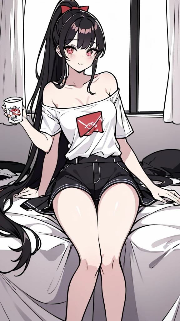 using pantimedies, wavy black hair, piercing look with deep red eyes, average stature, Waist length hair, Silky hair with a ponytail hairstyle collected with a red bow with two white lines, has a vagina, has breasts, cup of breasts, small breasts, slim, foreground, Session, sitting in her room, standing in his room, wearing pantyhose, using pantimedies, Picardias, neckline, looking at the viewer, lascivious smile, ((oversized t-shirt)), off the shoulders, without pants, washing machines, thighs, ((White T-shirt)), standing, hands on the hips,, shoes, blush, from below, thighs gorditos, thighs grandes, big ass
