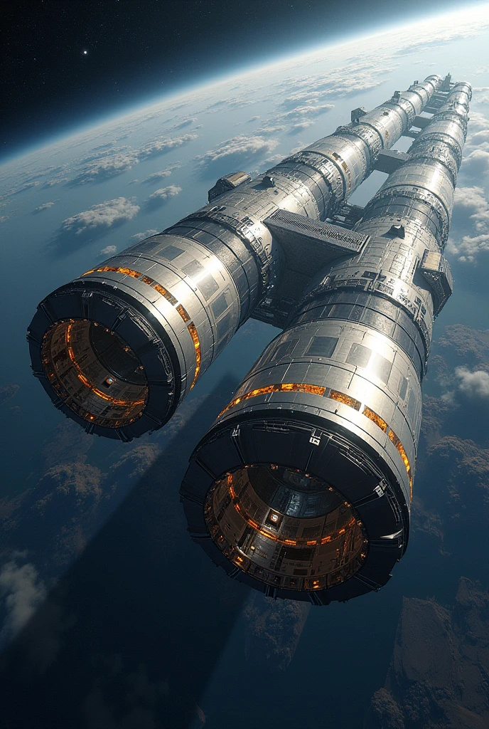Create a highly detailed image of the "Double Cylinder Design" O'Neill Cylinder space habitat. This structure consists of two massive cylindrical modules, each 30 kilometers long and 6.4 kilometers in diameter, rotating in opposite directions to generate artificial gravity. The two cylinders are connected by a central hub at each end, which stabilizes the structure and allows for transportation between the cylinders.
Inside each cylinder, the space is divided into three distinct sections: residential areas, agricultural zones, and large reflective windows. The residential areas feature sprawling urban centers with buildings, parks, and rivers, creating a vibrant, Earth-like environment. The agricultural zones are vast, lush fields where crops are grown, contributing to the habitat's self-sufficiency. The large reflective windows, positioned between these zones, allow sunlight to enter the habitat through enormous external mirrors, simulating a natural day-night cycle.
The exterior of the cylinders is equipped with massive, angled reflective mirrors that direct sunlight into the interior, creating a soft, even illumination throughout. The cylinders float majestically in deep space, with distant stars and planets visible in the background. The overall design should emphasize the advanced technology, self-sustaining ecosystem, and the immense scale of this space habitat, making it a thriving, high-tech colony in orbit.