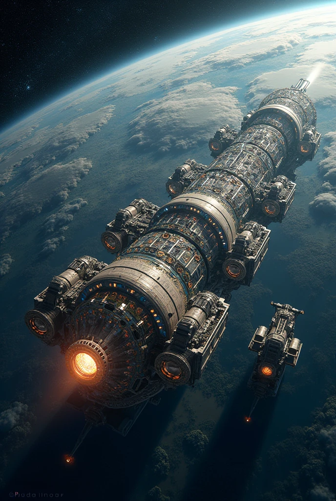 Create a highly detailed image of the "Double Cylinder Design" O'Neill Cylinder space habitat. This structure consists of two massive cylindrical modules, each 30 kilometers long and 6.4 kilometers in diameter, rotating in opposite directions to generate artificial gravity. The two cylinders are connected by a central hub at each end, which stabilizes the structure and allows for transportation between the cylinders.

Inside each cylinder, the space is divided into three distinct sections: residential areas, agricultural zones, and large reflective windows. The residential areas feature sprawling urban centers with buildings, parks, and rivers, creating a vibrant, Earth-like environment. The agricultural zones are vast, lush fields where crops are grown, contributing to the habitat's self-sufficiency. The large reflective windows, positioned between these zones, allow sunlight to enter the habitat through enormous external mirrors, simulating a natural day-night cycle.

The exterior of the cylinders is equipped with massive, angled reflective mirrors that direct sunlight into the interior, creating a soft, even illumination throughout. The cylinders float majestically in deep space, with distant stars and planets visible in the background. The overall design should emphasize the advanced technology, self-sustaining ecosystem, and the immense scale of this space habitat, making it a thriving, high-tech colony in orbit.