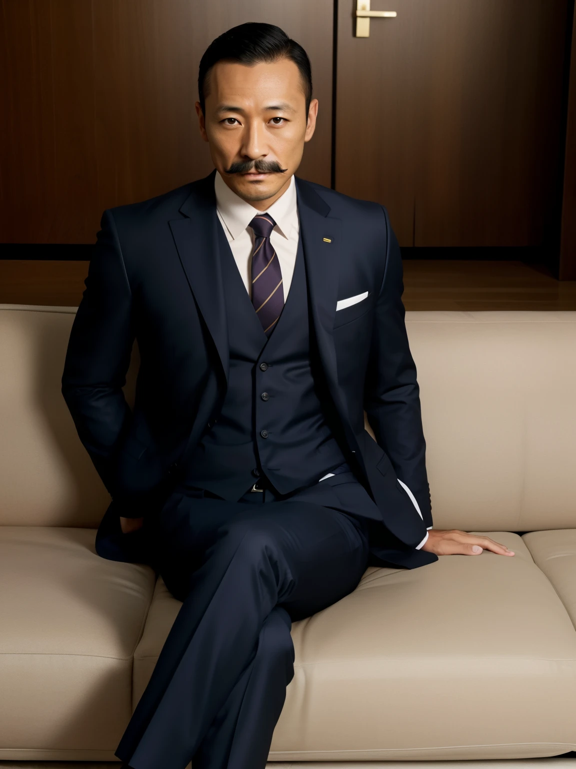 40 years old，Hidetoshi Nakata，（Kogoro Mori 1.3），whole body，Lean，muscle，office，black，foot，Suit，transparent袜子，foot抬起，sofa，Baldhead ，transparent，Thick body hair，underwear，Topless，Densely hairy，Fortitude，HD，With a mustache