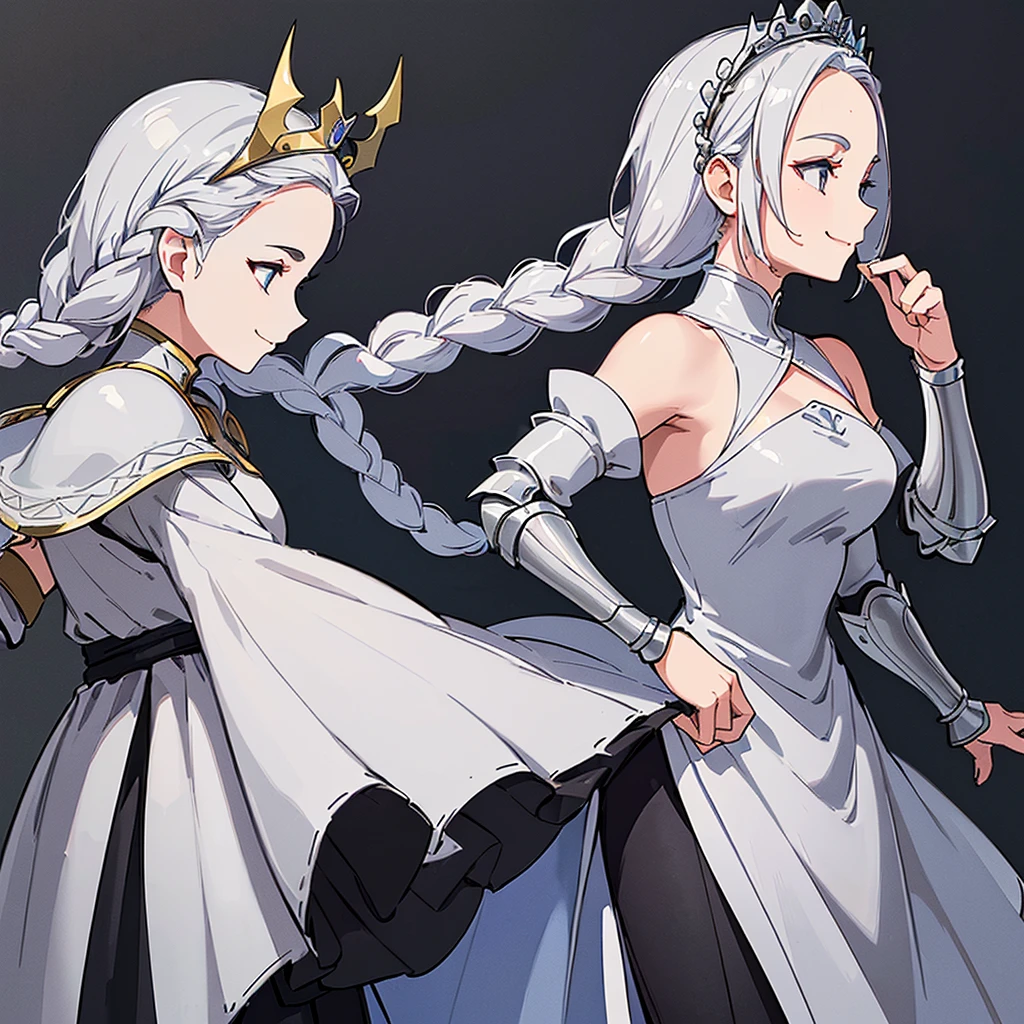 (((Solo)))、Highest quality, Best Quality、middle ages、(((Gray simple armor、Black trousers))、(Mature Woman、Mother、40 years old)、(White Hair、Middle Reason、Does not touch the forehead、Dumpling、Braid)、(smile)、(princess、Queen of the West)、(Gorgeous dress、Shoulder)、tiara、(From the side、profile)