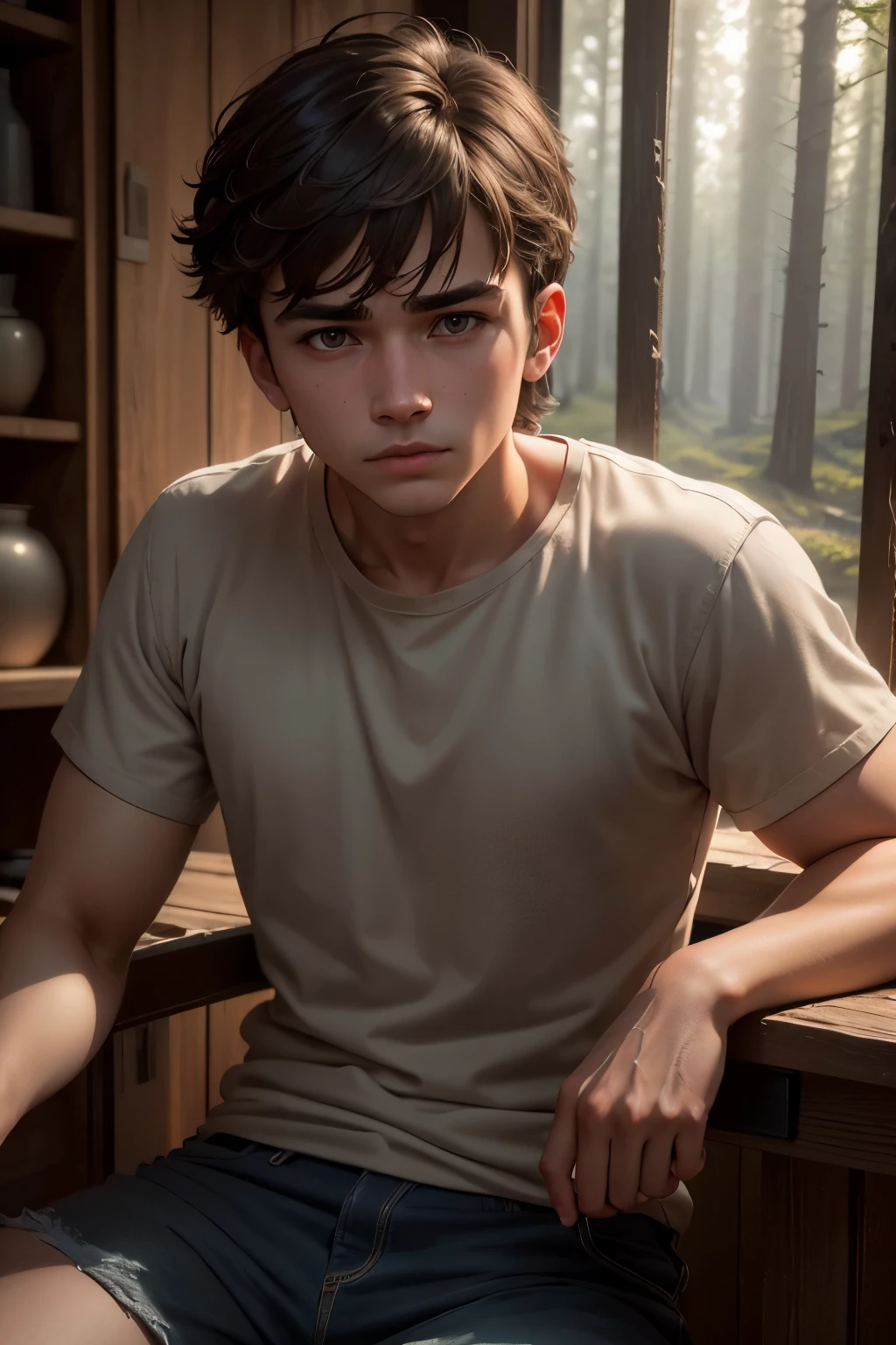 a 2 depressed boy with brown short mullet hairstyle, sad and depressed and tired expression, wearing simple brown black and white clothes, portrait in a cabin in a forest, wild nature, (best quality,4k,8k,highres,masterpiece:1.2),ultra-detailed,(realistic,photorealistic,photo-realistic:1.37),HDR,UHD,studio lighting,ultra-fine painting,sharp focus,physically-based rendering,extreme detail description,professional,vivid colors,bokeh