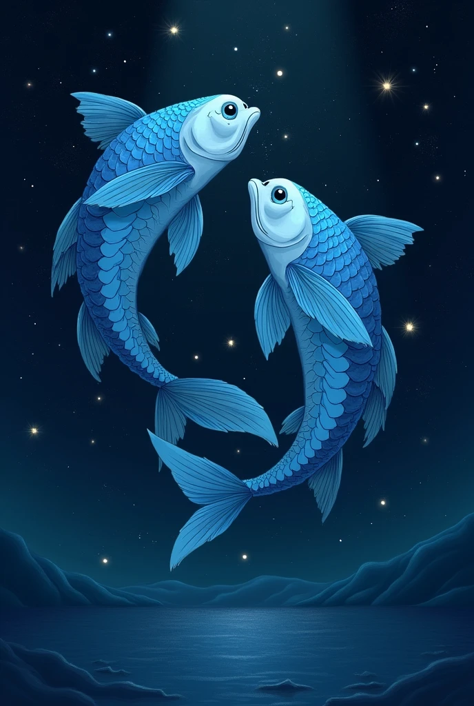 A Pisces zodiac symbol, elegantly drawn in deep shades of blue, weeping softly. The two fish are intertwined, creating a heart-wrenching scene of shared sorrow. Their scales, which are usually vibrant and shimmering, are now a subdued, almost translucent shade of blue, mirroring the somber mood. The tears that fall from their eyes are not just any ordinary tears, but rather, they are tiny droplets of stars that glisten in the dim light. The background is a serene yet melancholic representation of the night sky, with a smattering of stars that seem to echo the sadness of the Pisces. The ripples from their weeping cause the surrounding cosmic waves to undulate gently, adding a sense of movement to the otherwise still scene. The overall atmosphere is one of quiet desolation, a poignant depiction of the depth of emotions often associated with the Pisces sign. Despite the sadness, there is a hint of beauty in the way the light from the distant stars plays with the droplets, creating a mesmerizing spectacle of glittering blue trails. The image captures the essence of a Pisces' soul, known for its sensitivity and profound depth of feeling, while also incorporating the universal language of celestial bodies to symbolize the vastness of their emotional landscape.