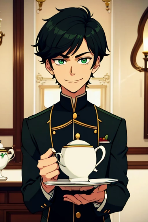 Perfect face. Perfect hands. A handsome black haired man with green eyes and short hair in a butler's uniform is smiling while serving tea in a fancy butler cafe
