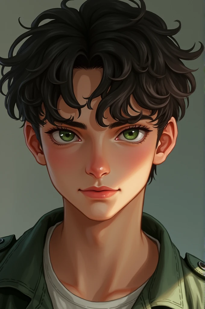 Male ager with short wavy dark brown hair and light green eyes