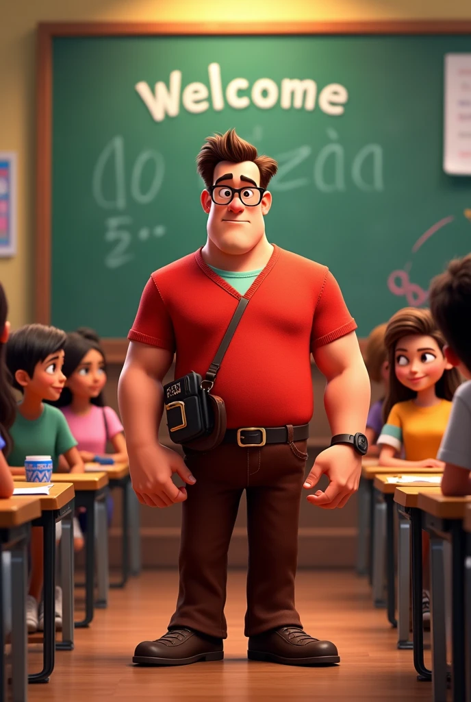 Create a Wreck-It Ralph movie cover as a happy teacher with his students behind him in a classroom. At the top it should say WELCOME and at the bottom should be the text Profe Diego in Spanish the texts 

