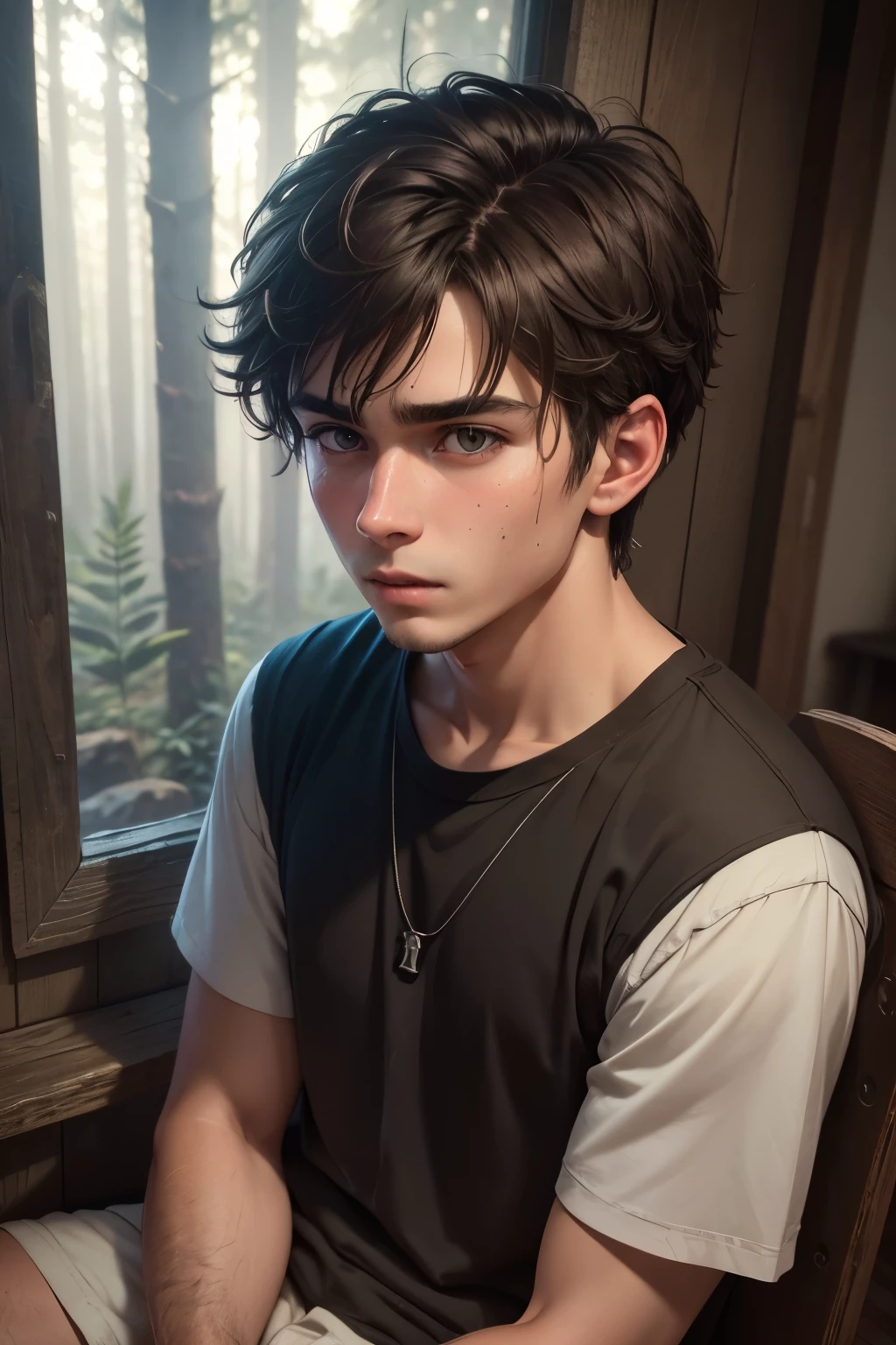 a 2 depressed boy with brown short mullet hairstyle, sad and depressed and tired expression, wearing simple brown black and white clothes, portrait in a lost cabin in a forest, wild nature, (best quality,4k,8k,highres,masterpiece:1.2),ultra-detailed,(realistic,photorealistic,photo-realistic:1.37),HDR,UHD,studio lighting,ultra-fine painting,sharp focus,physically-based rendering,extreme detail description,professional,vivid colors,bokeh