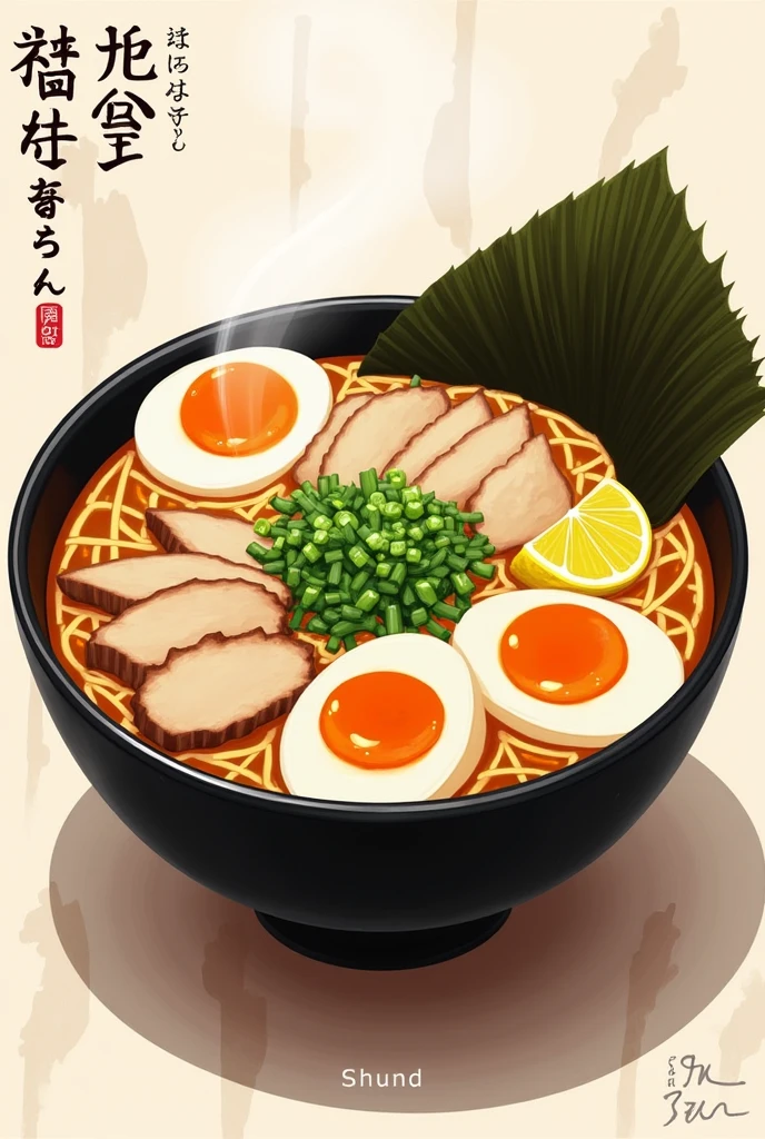 "Create a 2D illustration of a delicious bowl of ramen in a black bowl with authentic Japanese style. The ramen should have a creamy broth with slices of tender chicken, two perfectly soft-boiled eggs cut in half, nori (seaweed) sheets, fresh green onions, and a lemon wedge on the side. The style should reflect traditional Japanese culinary art, with a clean and visually appealing presentation. Pay attention to the textures of the broth, the softness of the eggs, and the freshness of the ingredients. Incorporate subtle Japanese design elements, like minimalistic patterns or brushstroke textures in the background, while keeping the focus on the ramen bowl."