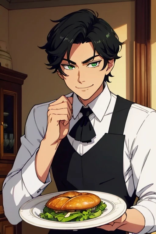 Perfect face. Perfect hands. A handsome black haired man with green eyes and short hair in a butler's uniform is smiling while serving dinner in a fancy butler cafe
