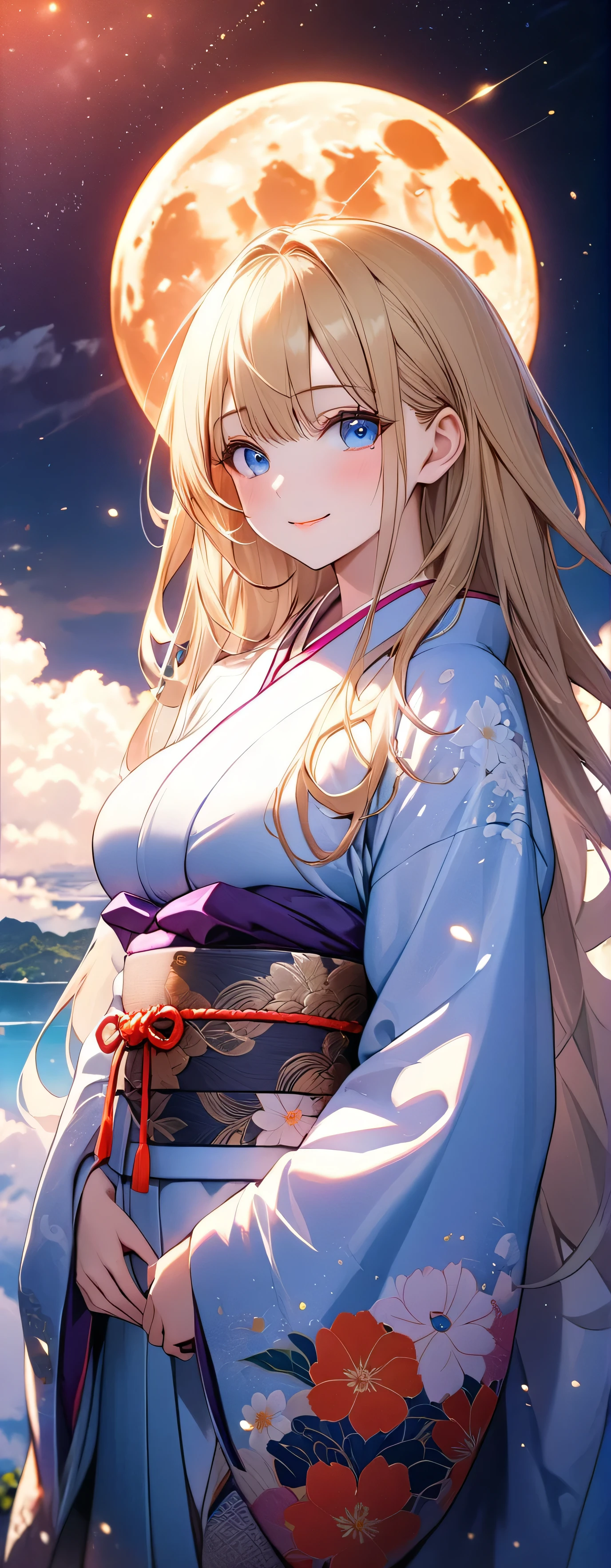 (beautiful girl: 1.3),1girl,masterpiece, Highest quality, Ultra-high resolution,Rich contrast,super high quality,8k,Highly detailed CG unit wallpaper,texture,Unbelievably absurd,Ultra-high resolution,RAW Photos,Depth of Field 1.2,(Beautiful and detailed kimono),smile,Light blue eyes,Very fine eye,bigeyes,Droopy eyes,White skin,blonde,Long Hair,moon between the clouds,stardust,,mystic glow,phantom moon,overlooking,(magnificent panorama view:1.3),(Looking Up 1.3),Veranda,She is gazing at the moon,voluptuous,Her kimono is open from the shoulders and the chest is open.