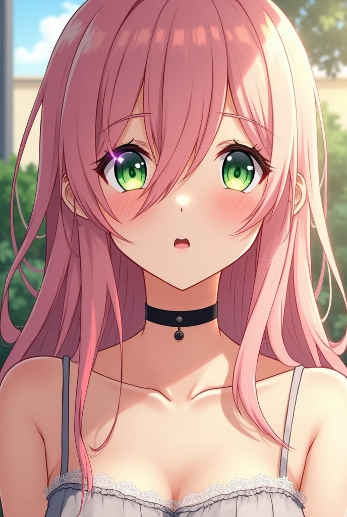 A close-up anime-style illustration of a young woman with long, flowing pink hair that cascades over her shoulders, creating soft, wavy strands with intricate highlights and shadows that give depth and dimension to her hair. Her hair partially covers one eye, adding to the enigmatic and gentle expression. She has large, expressive green eyes with intricate detailing in the pupils, including a small purple spot, giving them a sparkling effect. Thick, long eyelashes frame her eyes, and her eyebrows are finely drawn, enhancing the anime style. A subtle blush is visible on her cheeks, along with a faintly open mouth revealing her upper teeth, suggesting a neutral yet slightly surprised or curious expression. She's wearing a thin black choker necklace around her neck and a light gray spaghetti strap top with delicate lace trim around the neckline and shoulders. The top has a scooped neckline, and is slightly transparent, revealing her skin tone. The background is blurred, featuring indistinct outdoor elements such as plants and structures, suggesting a bright, sunny environment. The lighting is soft and diffused, coming from the left side, casting gentle shadows on her face and creating a balanced exposure that highlights her facial features and hair. The overall mood is serene, intimate, and contemplative, with a color palette dominated by shades of pink, green, peach, and beige, contributing to the warm and inviting atmosphere. The shallow depth of field emphasizes the character's face and upper body, creating a sense of closeness and intimacy with the viewer while maintaining a balanced and well-composed visual effect.