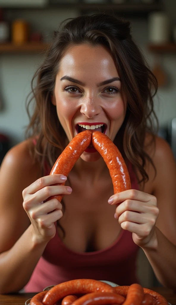 put sausage in mouth,orgasm  expression,Heaps of sausages in both hands,muscular   woman Eating penis shaped sausage 　battle contest,in kitchen stadium,