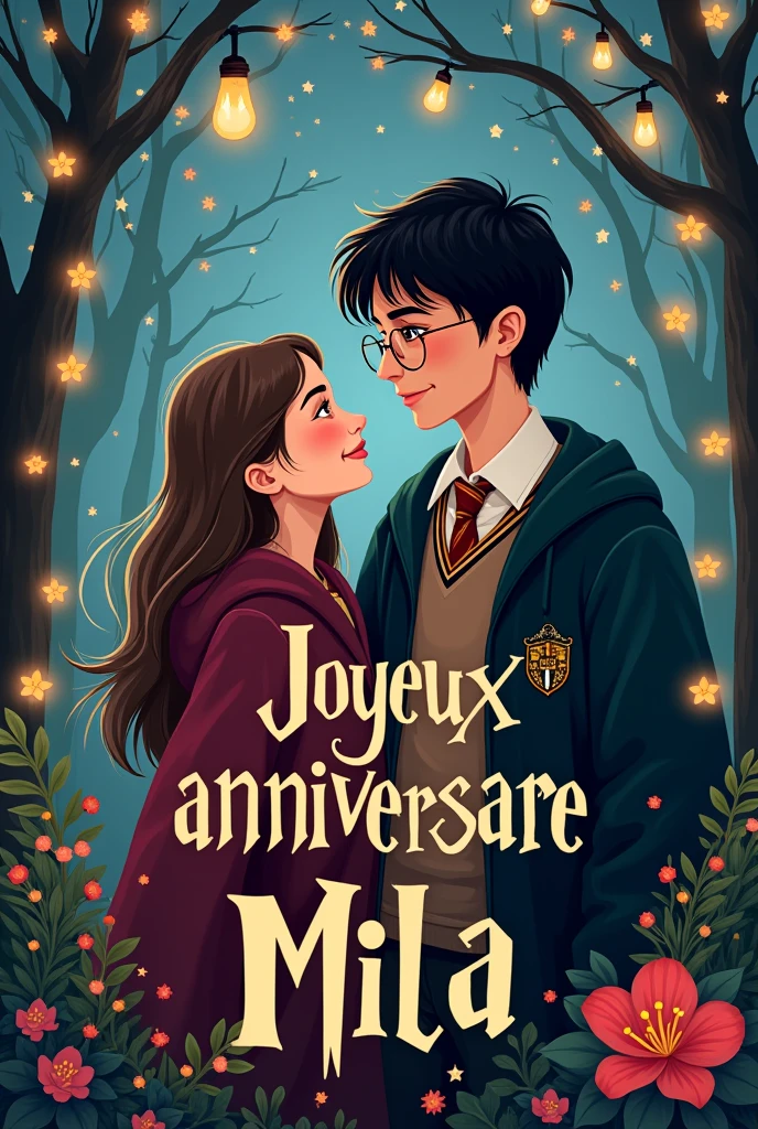 Crer une affiche d'anniversaire  de Harry Potter qui fête l'anniversaire de Mila. il lui écrit : "Joyeux anniversaire Mila"