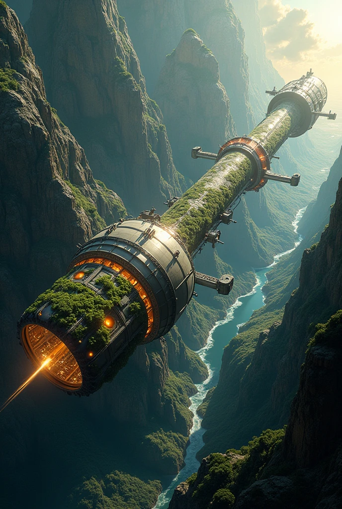 Create a detailed image of the "Double Cylinder Design" O'Neill Cylinder space habitat. This structure consists of two enormous cylindrical modules, each 30 kilometers long and 6.4 kilometers in diameter, rotating in opposite directions to generate artificial gravity. The two cylinders are connected at both ends by large central hubs, ensuring stability and structural integrity. Each cylinder's interior is divided into three main sections: expansive residential areas, fertile agricultural zones, and large reflective windows that let in sunlight.
The residential areas and agricultural zones are separated by the reflective windows, which are positioned to allow sunlight to enter the habitat. The sunlight is directed by massive external mirrors strategically placed outside the cylinders, reflecting light into the windows and creating a natural day-night cycle inside. The image should show the lush, green landscapes inside the cylinders, featuring hills, rivers, forests, and small urban centers, all illuminated by soft, even light.
The exterior of the cylinders should highlight the large reflective mirrors angled to direct sunlight into the windows. The central hubs connecting the two cylinders may include docking stations, transportation hubs, or other infrastructure necessary for the operation of this massive space habitat. The overall look should convey a highly advanced, self-sustaining space habitat, with a vibrant ecosystem and thriving human civilization inside, floating in the vastness of deep space.