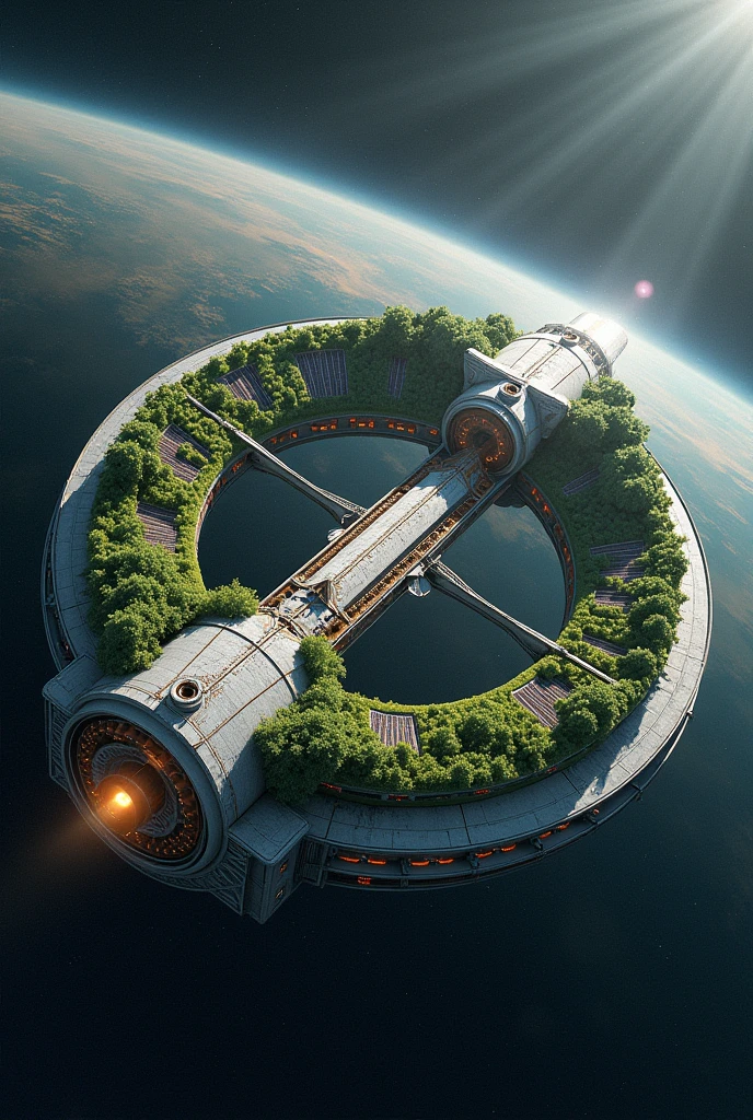 Create a detailed image of the "Double Cylinder Design" O'Neill Cylinder space habitat. This structure consists of two enormous cylindrical modules, each 30 kilometers long and 6.4 kilometers in diameter, rotating in opposite directions to generate artificial gravity. The two cylinders are connected at both ends by large central hubs, ensuring stability and structural integrity. Each cylinder's interior is divided into three main sections: expansive residential areas, fertile agricultural zones, and large reflective windows that let in sunlight.
The residential areas and agricultural zones are separated by the reflective windows, which are positioned to allow sunlight to enter the habitat. The sunlight is directed by massive external mirrors strategically placed outside the cylinders, reflecting light into the windows and creating a natural day-night cycle inside. The image should show the lush, green landscapes inside the cylinders, featuring hills, rivers, forests, and small urban centers, all illuminated by soft, even light.
The exterior of the cylinders should highlight the large reflective mirrors angled to direct sunlight into the windows. The central hubs connecting the two cylinders may include docking stations, transportation hubs, or other infrastructure necessary for the operation of this massive space habitat. The overall look should convey a highly advanced, self-sustaining space habitat, with a vibrant ecosystem and thriving human civilization inside, floating in the vastness of deep space.