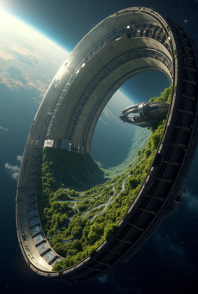 Create a detailed image of the "Double Cylinder Design" O'Neill Cylinder space habitat. This structure consists of two enormous cylindrical modules, each 30 kilometers long and 6.4 kilometers in diameter, rotating in opposite directions to generate artificial gravity. The two cylinders are connected at both ends by large central hubs, ensuring stability and structural integrity. Each cylinder's interior is divided into three main sections: expansive residential areas, fertile agricultural zones, and large reflective windows that let in sunlight.
The residential areas and agricultural zones are separated by the reflective windows, which are positioned to allow sunlight to enter the habitat. The sunlight is directed by massive external mirrors strategically placed outside the cylinders, reflecting light into the windows and creating a natural day-night cycle inside. The image should show the lush, green landscapes inside the cylinders, featuring hills, rivers, forests, and small urban centers, all illuminated by soft, even light.
The exterior of the cylinders should highlight the large reflective mirrors angled to direct sunlight into the windows. The central hubs connecting the two cylinders may include docking stations, transportation hubs, or other infrastructure necessary for the operation of this massive space habitat. The overall look should convey a highly advanced, self-sustaining space habitat, with a vibrant ecosystem and thriving human civilization inside, floating in the vastness of deep space.