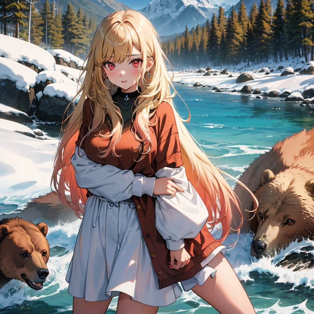 Girl embraced by brown bear, Brown Bear, Kitagawa Marine, The background is snowy mountains, One girl, Blonde Hair, Long Hair, Multicolored Hair, Red eyes, jewelry, Earrings, Earrings, Black choker, uhd, retina, masterpiece, ccurate, anatomically correct, textured skin, super detail, high details, high quality, best quality, highres, 4K