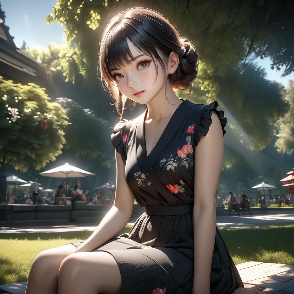 a beautiful japanese girl in a black summer dress, sitting in a park, professional lighting, photon mapping, radiosity, extremely detailed, best quality, 8k, raw photography, masterpiece, realistic, photorealistic, vivid colors, natural lighting, detailed facial features, long eyelashes, delicate skin, elegant posture