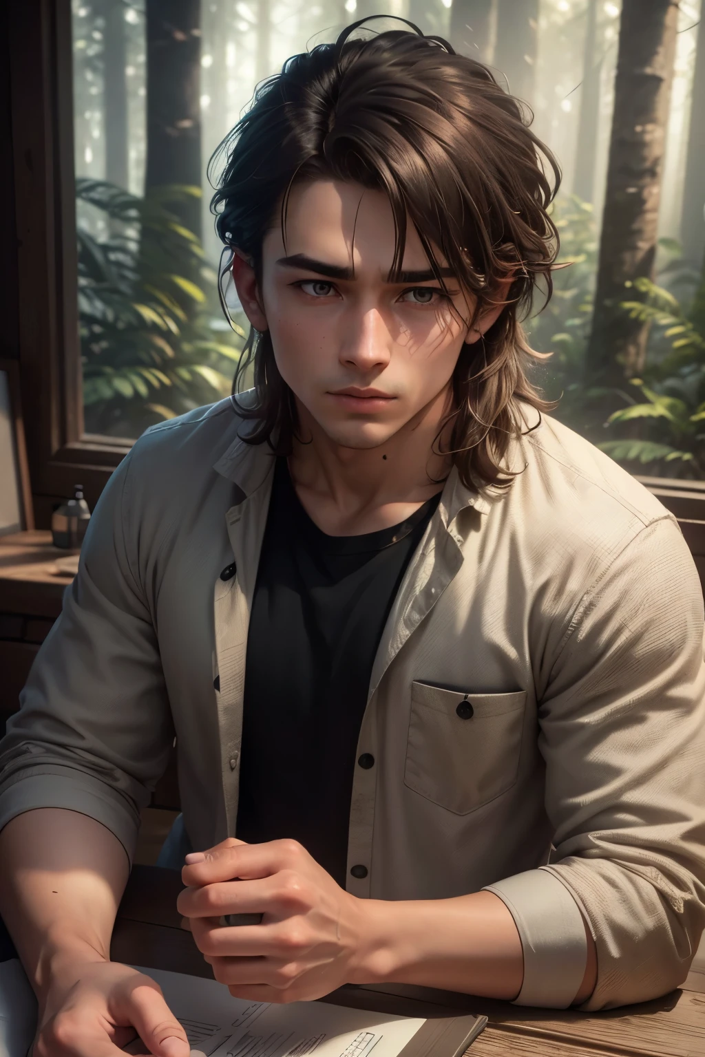 a 2 sad boy with brown short mullet hairstyle, sad and depressed and tired expression, wearing simple brown black and white clothes, portrait in a lost cabin in a forest, wild nature, (best quality,4k,8k,highres,masterpiece:1.2),ultra-detailed,(realistic,photorealistic,photo-realistic:1.37),HDR,UHD,studio lighting,ultra-fine painting,sharp focus,physically-based rendering,extreme detail description,professional,vivid colors,bokeh