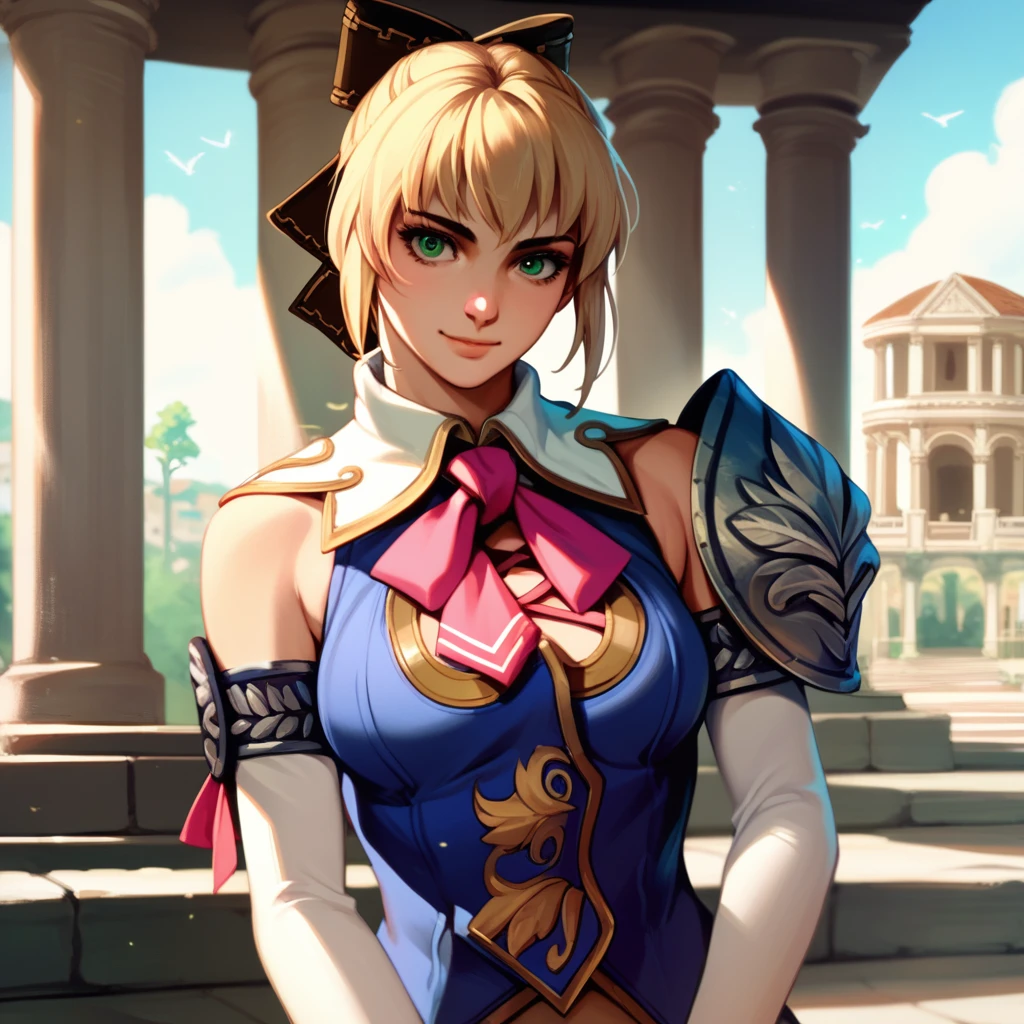 portrait, source_anime, photoshop \(medium\), score_9, score_8_up, score_7_up, score_6_up, score_5_up, score_4_up, 1girl, cassandra alexandra, blonde hair, green eyes, pink necktie, smile, elbow gloves
, outdoors, ancient greek temple