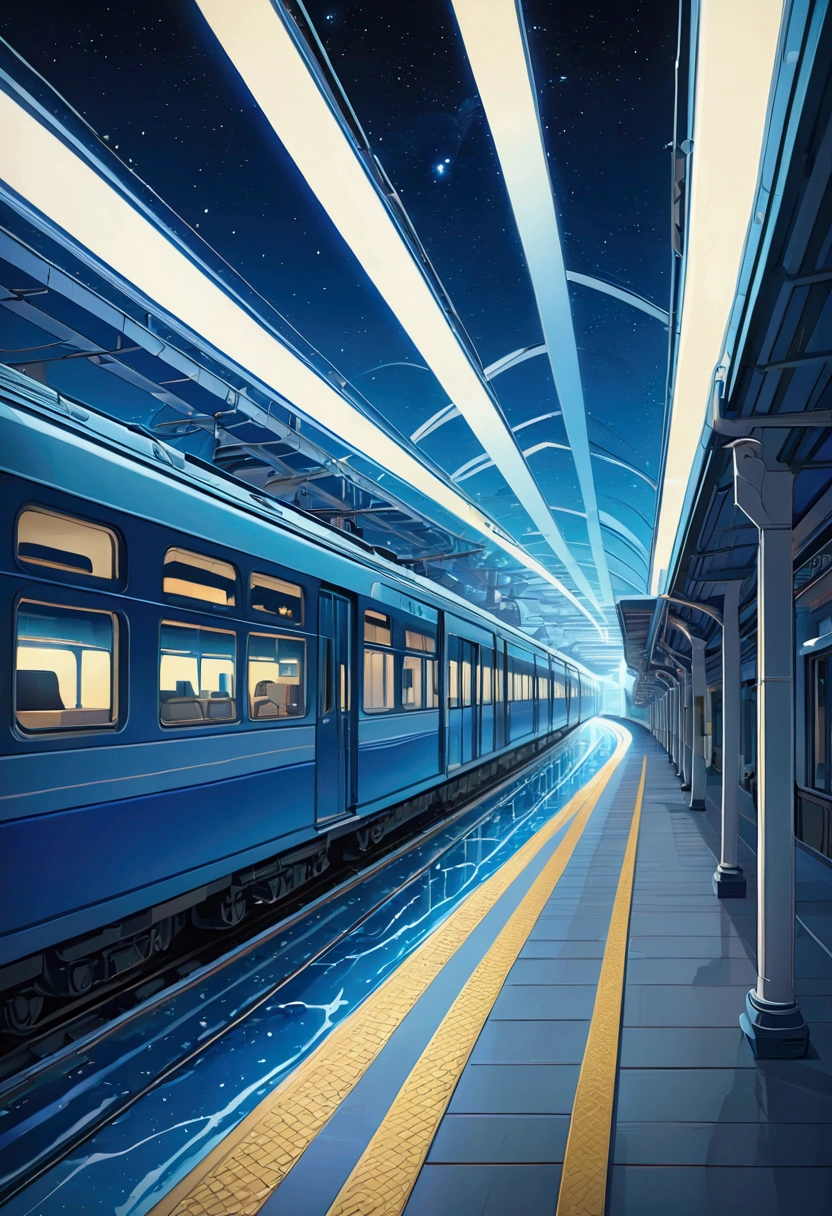 score_9, score_8_upper, score_7_upper,Train running on water,beautiful青い水面,(((Side Angle))),Angle from a distance,Minakami Station,(((Blue Art Style))),summer,horizontal line,Starry Sky,Streaks of Light,(masterpiece, Highest quality, Highest quality, Official Art, beautifull, beautiful:1.2,Ray Tracing),Very detailed,Blue tones,Very detailed,  Most detailed, High resolution, Impressive visuals, Vibrant colors ,Detailed Images